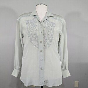 Vintage Escada Margaretha Ley Womens EU 38 US M Silk Embroidered Green Blouse